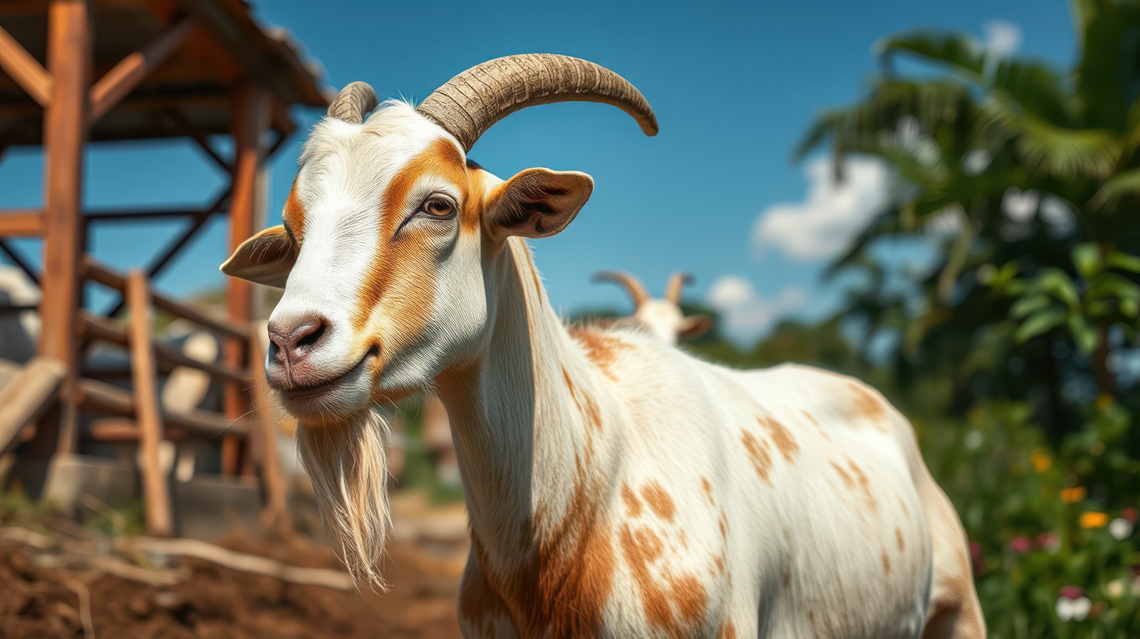 Goat standing peacefully in a sunny farm setting with greenery and a rustic barn in the background